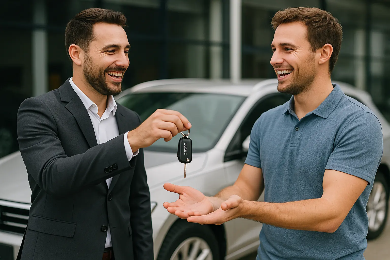 Schlüsselübergabe – glückliche Käufer und Verkäufer